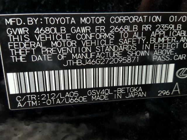 JTHBJ46G272095871 - 2007 LEXUS ES 350 BLACK photo 10