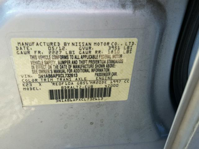 3N1AB6APXCL732613 - 2012 NISSAN SENTRA 2.0 SILVER photo 10