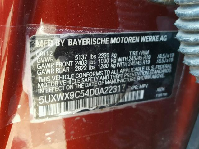 5UXWX9C54D0A22317 - 2013 BMW X3 XDRIVE2 RED photo 10