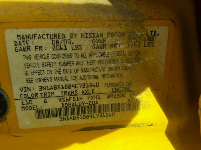 3N1AB51D84L731560 - 2004 NISSAN SENTRA SE- YELLOW photo 10