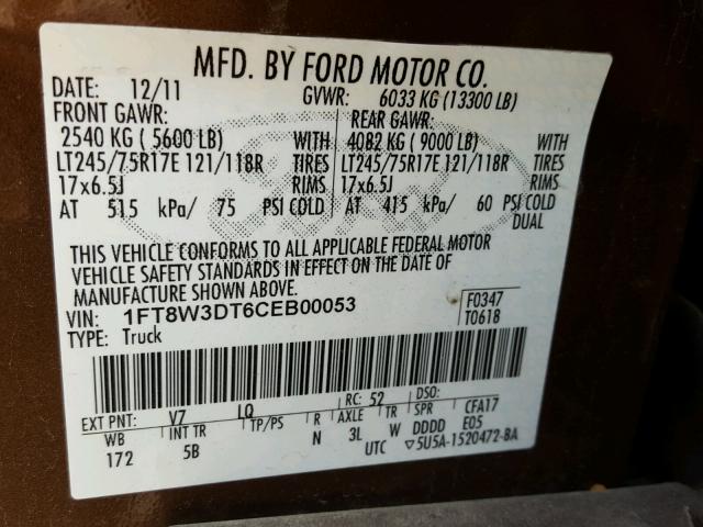 1FT8W3DT6CEB00053 - 2012 FORD F350 SUPER BROWN photo 10