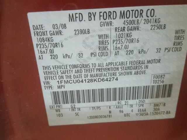 1FMCU04128KD64274 - 2008 FORD ESCAPE LIM RED photo 10