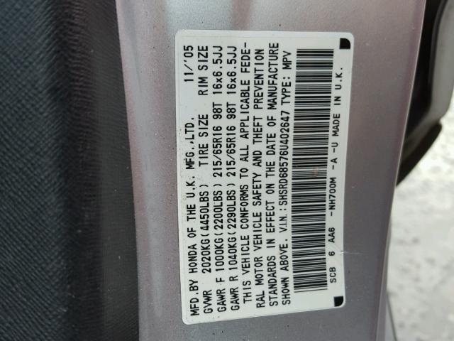 SHSRD68576U402647 - 2006 HONDA CR-V LX SILVER photo 10