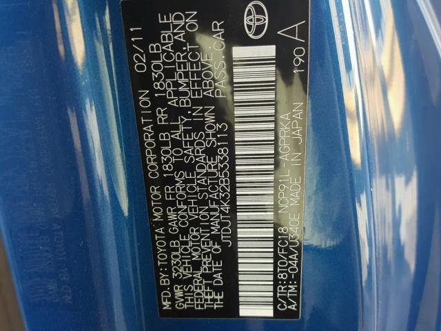 JTDJT4K32B5338113 - 2011 TOYOTA YARIS BLUE photo 10