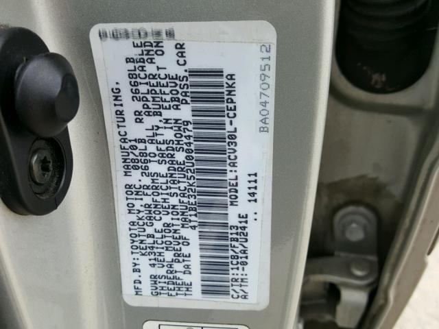 4T1BE32K52U004479 - 2002 TOYOTA CAMRY LE ვერცხლისფერი ფოტო 10