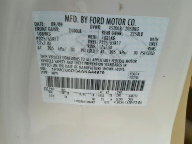 1FMCU0DG4AKA44979 - 2010 FORD ESCAPE XLT WHITE photo 10