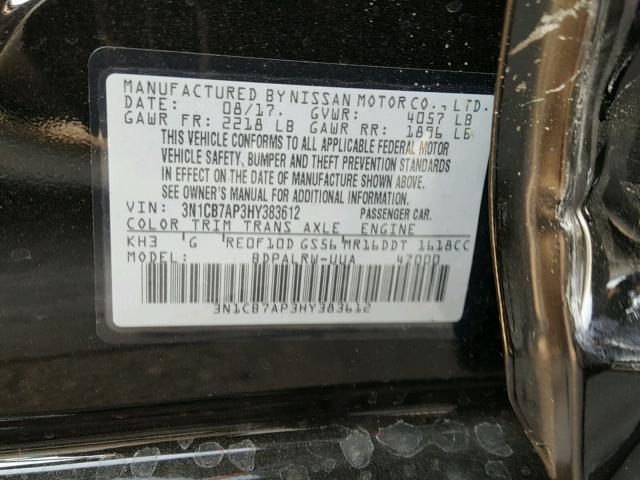 3N1CB7AP3HY383612 - 2017 NISSAN SENTRA SR BLACK photo 10