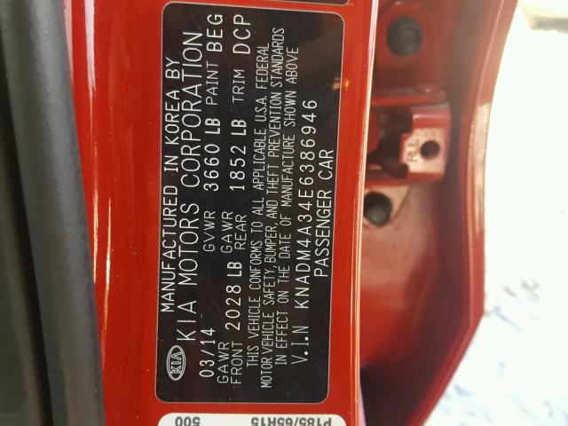 KNADM4A34E6386946 - 2014 KIA RIO LX RED photo 10