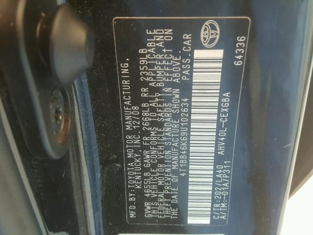 4T1BB46K69U102634 - 2009 TOYOTA CAMRY HYBR BLACK photo 10