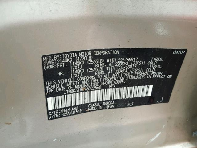 JTMBK31V676022560 - 2007 TOYOTA RAV4 LIMIT TAN photo 10