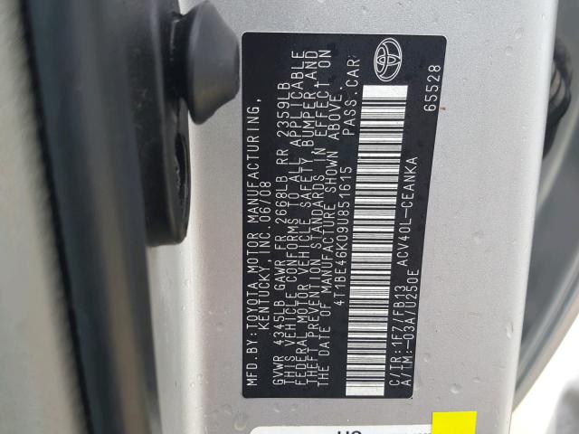 4T1BE46K09U851615 - 2009 TOYOTA CAMRY BASE GRAY photo 10