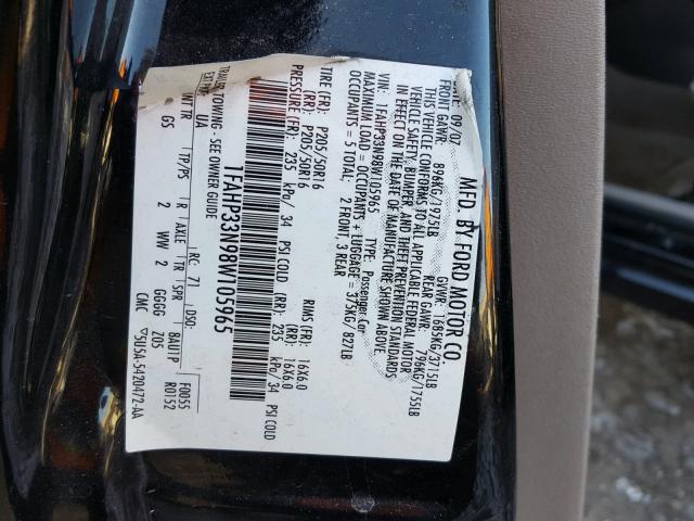 1FAHP33N98W105965 - 2008 FORD FOCUS SE BLACK photo 10