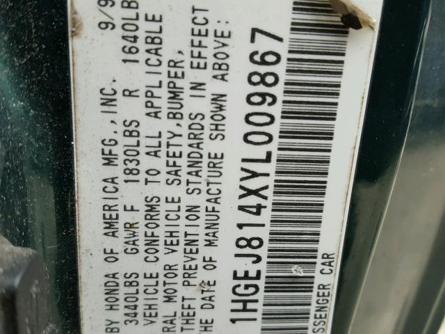 1HGEJ814XYL009867 - 2000 HONDA CIVIC EX GREEN photo 10
