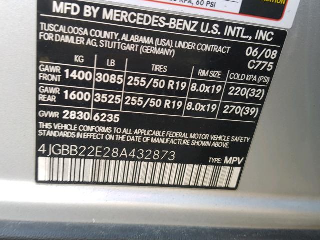 4JGBB22E28A432873 - 2008 MERCEDES-BENZ ML 320 CDI SILVER photo 10