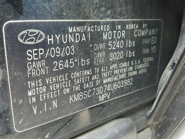 KM8SC73D74U603982 - 2004 HYUNDAI SANTA FE G BLACK photo 10