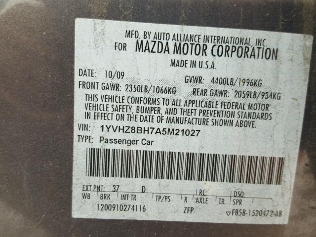 1YVHZ8BH7A5M21027 - 2010 MAZDA 6 I GRAY photo 10