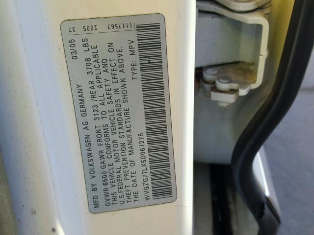 WVGZG77LX5D067275 - 2005 VOLKSWAGEN TOUAREG 3. WHITE photo 10