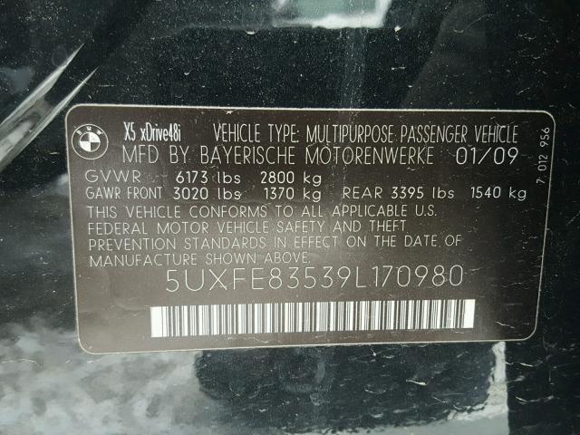 5UXFE83539L170980 - 2009 BMW X5 XDRIVE4 BLACK photo 10