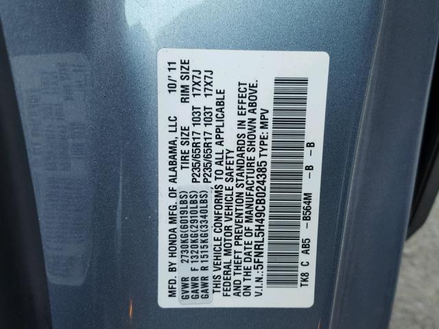 5FNRL5H49CB024385 - 2012 HONDA ODYSSEY EX BLUE photo 10
