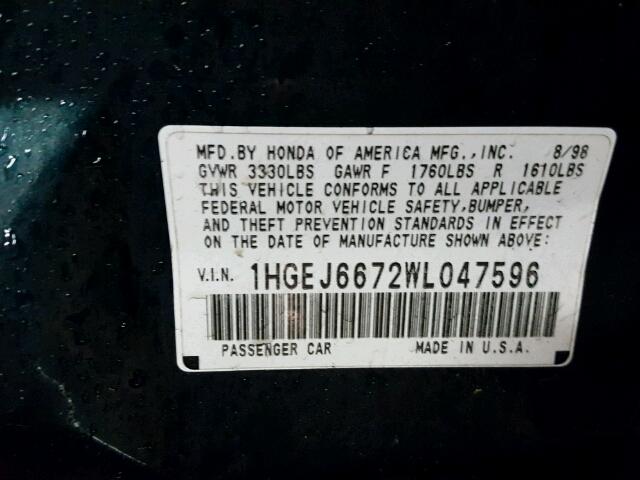 1HGEJ6672WL047596 - 1998 HONDA CIVIC LX GREEN photo 10