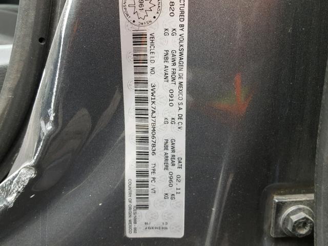 3VW1K7AJ7BM067836 - 2011 VOLKSWAGEN JETTA BASE GRAY photo 10