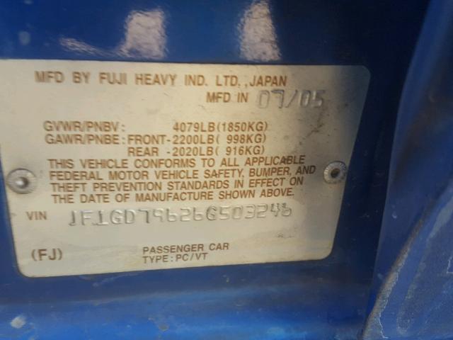 JF1GD79626G503246 - 2006 SUBARU IMPREZA WR BLUE photo 10