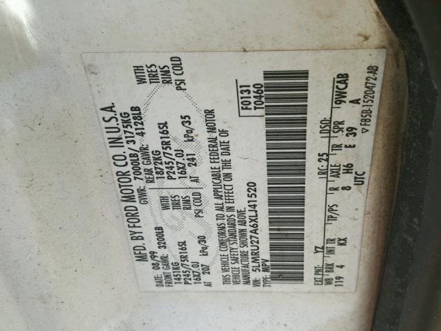 5LMRU27A6XLJ41520 - 1999 LINCOLN NAVIGATOR 白色 照片 10