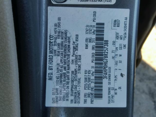 3FAHP0HG7BR257388 - 2011 FORD FUSION SE GRAY photo 10