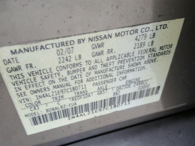 1N4AL21E97C180711 - 2007 NISSAN ALTIMA 2.5 BEIGE photo 10