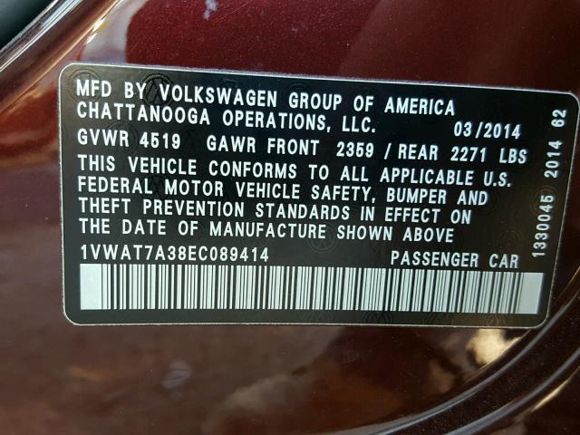 1VWAT7A38EC089414 - 2014 VOLKSWAGEN PASSAT S ბურგუნდია ფოტო 10