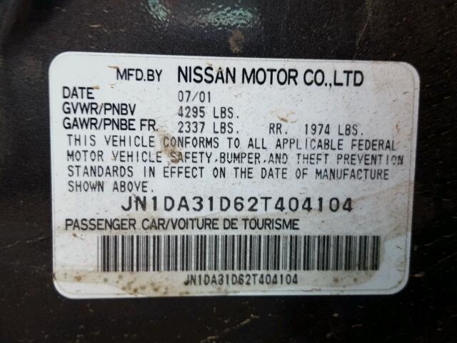 JN1DA31D62T404104 - 2002 NISSAN MAXIMA GLE BLACK photo 10