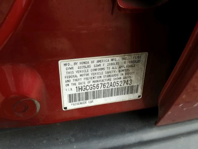 1HGCG56762A052743 - 2002 HONDA ACCORD SE RED photo 10