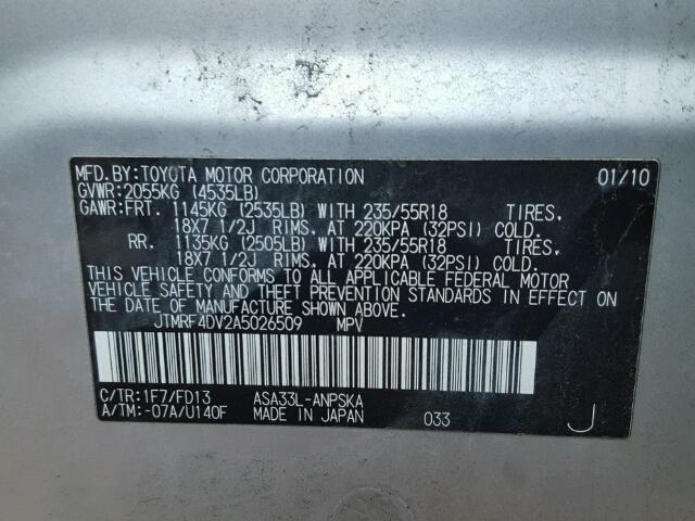 JTMRF4DV2A5026509 - 2010 TOYOTA RAV4 SPORT SILVER photo 10