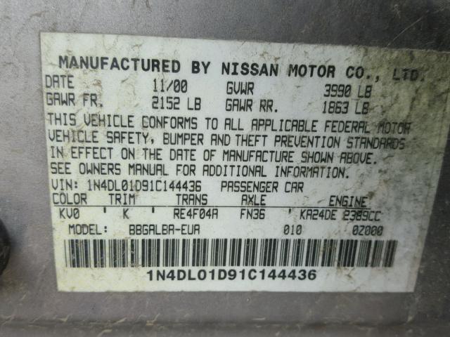 1N4DL01D91C144436 - 2001 NISSAN ALTIMA XE BEIGE photo 10