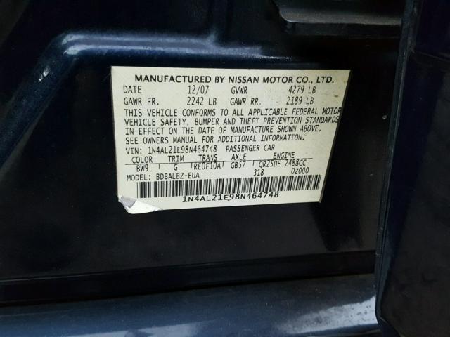 1N4AL21E98N464748 - 2008 NISSAN ALTIMA 2.5 BLUE photo 10