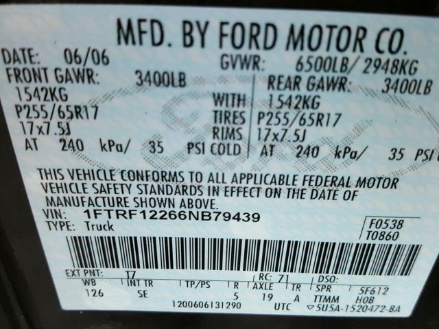 1FTRF12266NB79439 - 2006 FORD F150 CHARCOAL photo 10