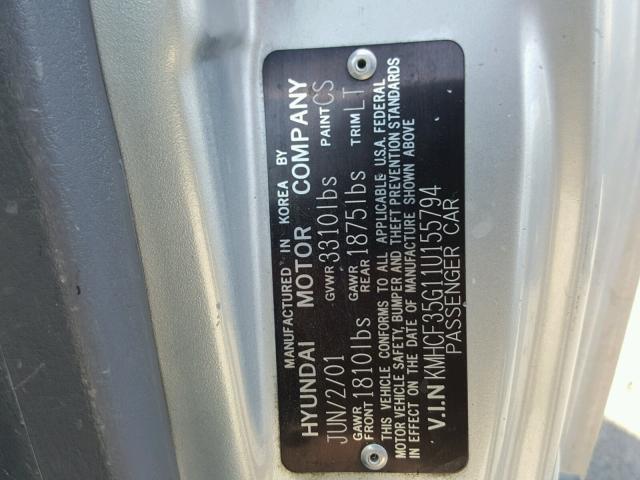 KMHCF35G11U155794 - 2001 HYUNDAI ACCENT L GRAY photo 10