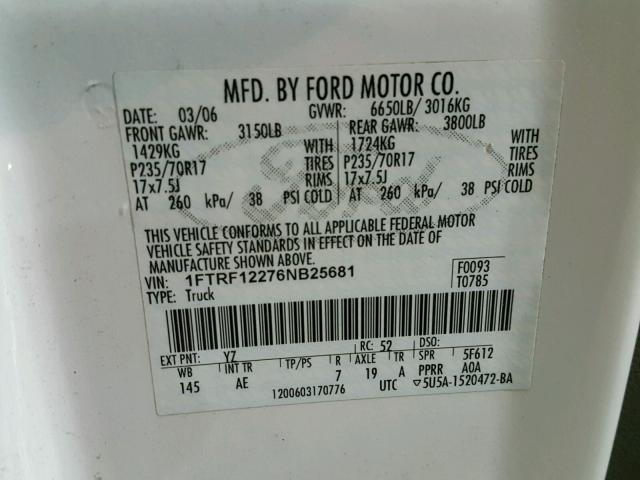 1FTRF12276NB25681 - 2006 FORD F150 WHITE photo 10