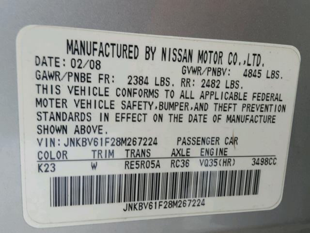 JNKBV61F28M267224 - 2008 INFINITI G35 SILVER photo 10