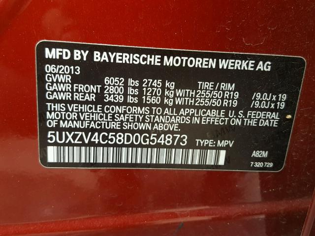 5UXZV4C58D0G54873 - 2013 BMW X5 XDRIVE3 BURGUNDY photo 10