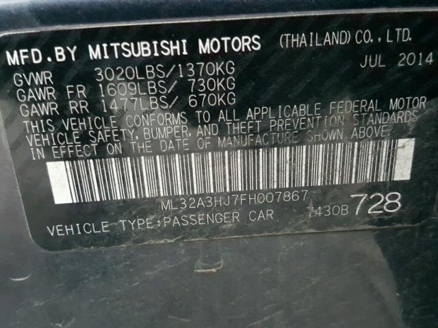 ML32A3HJ7FH007867 - 2015 MITSUBISHI MIRAGE DE GRAY photo 10