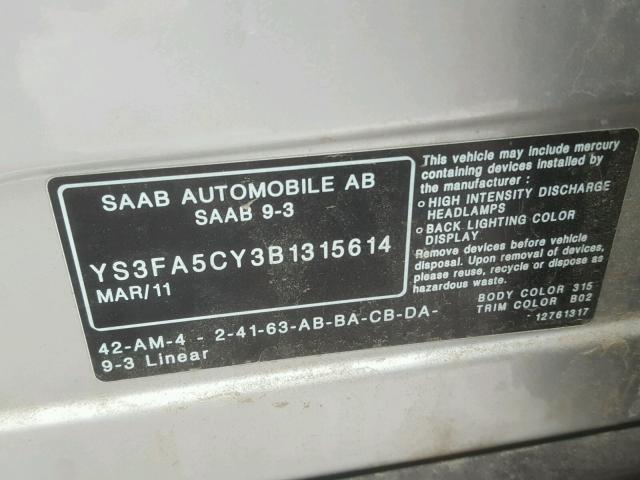 YS3FA5CY3B1315614 - 2011 SAAB 9-3 2.0T GRAY photo 10