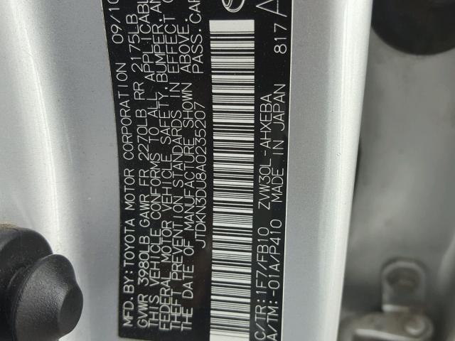 JTDKN3DU8A0235207 - 2010 TOYOTA PRIUS SILVER photo 10