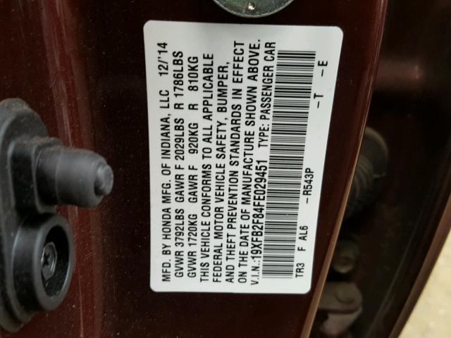 19XFB2F84FE029451 - 2015 HONDA CIVIC EX MAROON photo 10