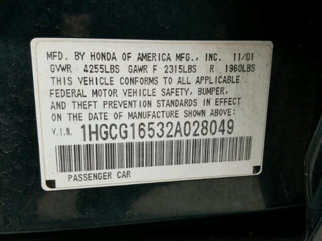 1HGCG16532A028049 - 2002 HONDA ACCORD EX GREEN photo 10