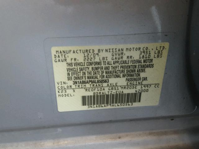 3N1AB6AP9AL650563 - 2010 NISSAN SENTRA 2.0 SILVER photo 10