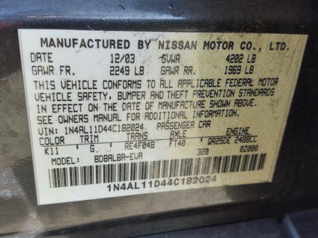 1N4AL11D44C182024 - 2004 NISSAN ALTIMA BAS CHARCOAL photo 10