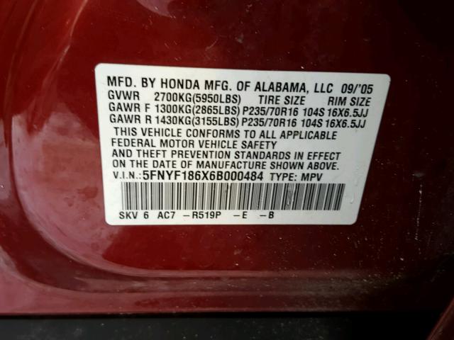 5FNYF186X6B000484 - 2006 HONDA PILOT EX MAROON photo 10