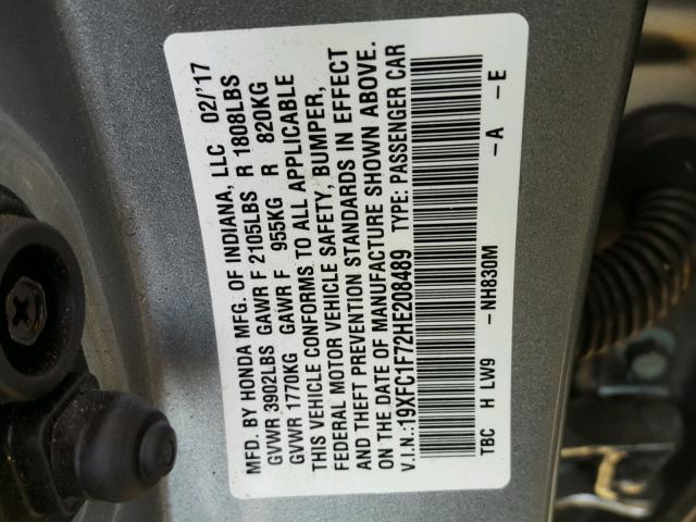 19XFC1F72HE208489 - 2017 HONDA CIVIC EXL 银色 照片 10
