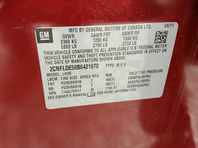 2CNFLDE58B6421970 - 2011 CHEVROLET EQUINOX LT RED photo 10